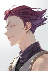 Rule 34 | 1boy, absurdres, artist name, bani-lizo, closed mouth, facial mark, from side, grey background, highres, hisoka morow, hunter x hunter, looking ahead, male focus, red hair, shirt, short hair, simple background, sleeveless, smile, solo, upper body, white shirt, yellow eyes