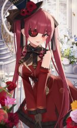 Rule 34 | 1girl, anchor symbol, blush, bow, breasts, cleavage, dress, eyepatch, floral print, flower, gloves, hair bow, hat, highres, hololive, houshou marine, large breasts, long hair, looking at viewer, red dress, red eyes, red hair, ribbon, rose print, see-through, see-through cleavage, thomas 8000, tongue, tongue out, twintails, virtual youtuber