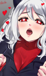 Rule 34 | 1girl, black jacket, blush, breasts, clenched hands, commentary, demon girl, english commentary, esther shen, eyelashes, fangs, from above, grey background, grey hair, hair between eyes, heart, heart-shaped pupils, helltaker, horns, jacket, large breasts, lipstick, long sleeves, looking at viewer, makeup, modeus (helltaker), nail polish, open mouth, red eyes, red nails, red sweater, ribbed sweater, saliva, signature, simple background, solo, sweater, symbol-shaped pupils, tareme, tongue, turtleneck, upper body, white hair