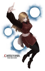 Rule 34 | 1girl, absurdres, arm up, belt, blonde hair, blue eyes, breasts, brown footwear, castlevania (series), castlevania: dawn of sorrow, character name, closed mouth, copyright name, female focus, food fighter 441, full body, hand gesture, high heels, highres, index finger raised, konami, large breasts, lipstick, long hair, long sleeves, makeup, pantyhose, shoes, smile, solo, white background, yoko belnades