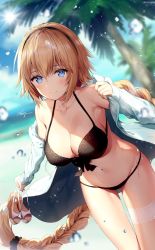Rule 34 | 1girl, ahoge, alternate costume, beach, bikini, black bikini, blonde hair, blue sky, blurry, blurry background, blush, braid, breasts, bridal garter, cleavage, closed mouth, cloud, collarbone, day, fate/grand order, fate (series), groin, hair between eyes, hair ornament, hair scrunchie, hairband, holding, holding shoes, jacket, jeanne d&#039;arc (fate), jeanne d&#039;arc (swimsuit archer) (fate), jeanne d&#039;arc (swimsuit archer) (first ascension) (fate), large breasts, light particles, long hair, long sleeves, looking at viewer, navel, necomi, ocean, open clothes, open jacket, palm tree, sand, sandals, unworn sandals, scrunchie, shoes, sidelocks, signature, single braid, sky, smile, solo, sparkle, stomach, sunlight, swimsuit, thighs, tree, very long hair, wet, yellow eyes