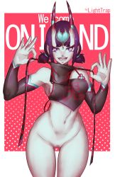 Rule 34 | 1girl, allen trap, bare shoulders, breasts, fate/grand order, fate (series), heart, heart-shaped pupils, highres, horns, lighttrap, looking at viewer, no panties, oni, purple eyes, purple hair, short hair, shuten douji (fate), shuten douji (fate/grand order), shuten douji (halloween caster) (fate), skin-covered horns, small breasts, symbol-shaped pupils, text focus, white background