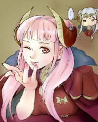 Rule 34 | ..., 2girls, breasts, cosplay, costume switch, edelgard von hresvelg, edelgard von hresvelg (cosplay), fire emblem, fire emblem: three houses, highres, hilda valentine goneril, horns, large breasts, long hair, multiple girls, nintendo, one eye closed, pink eyes, pink hair, purple eyes, tongue, tongue out, unamused, white hair, wink