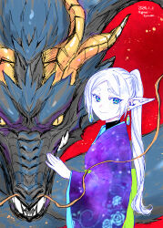 Rule 34 | 1girl, absurdres, blue eyes, closed mouth, commentary request, dated, dragon, earrings, elf, frieren, highres, japanese clothes, jewelry, kimono, long hair, long sleeves, looking at viewer, pointy ears, ponytail, purple kimono, red background, smile, sousou no frieren, twitter username, upper body, white hair, yuri kyanon