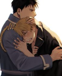 Rule 34 | 1boy, 1girl, aiguillette, amestris military uniform, black hair, blonde hair, clenched teeth, closed eyes, clothes grab, comforting, commentary, crying, english commentary, fullmetal alchemist, furrowed brow, hand on another&#039;s head, head on another&#039;s shoulder, headpat, highres, hug, leaning forward, leaning on person, long sleeves, looking away, one eye covered, profile, raicchi (raicchi96), riza hawkeye, roy mustang, runny nose, shirt on shoulders, short hair, simple background, snot, sobbing, tears, teeth, upper body, white background