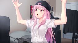 Rule 34 | 1girl, :o, ardenlolo, arms up, artist name, backwards hat, black hat, blunt bangs, breasts, computer, computer tower, cr1tikal, door, hat, hololive, hololive english, indoors, long hair, looking ahead, medium breasts, meme, microphone, mori calliope, paid reward available, parody, pink eyes, pink hair, poster (object), shirt, short sleeves, sitting, solo, twitter logo, upper body, very long hair, virtual youtuber, wall, white shirt
