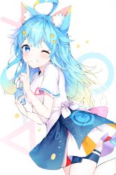 Rule 34 | 1girl, ;), absurdres, ahoge, animal ear fluff, animal ears, blonde hair, blue eyes, blue hair, blue skirt, blush, breasts, cat ears, commentary request, gradient hair, green hair, grin, hair ornament, hands up, highres, holding, holding phone, index finger raised, lanmewko, looking at viewer, medium breasts, multicolored hair, noyu (noyu23386566), one eye closed, original, phone, print skirt, shirt, short sleeves, side-tie shirt, simple background, skirt, smile, solo, standing, standing on one leg, star (symbol), star hair ornament, star print, thigh strap, tied shirt, virtual youtuber, white background, white shirt