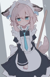 Rule 34 | 1girl, ahoge, alternate costume, animal ears, apron, arknights, arm behind back, black dress, blue eyes, blue necktie, blush, commentary, dress, dutch angle, enmaided, fox ears, fox girl, fox tail, highres, long sleeves, looking at viewer, loose necktie, maid, medium hair, nalphanne, necktie, parted lips, pink hair, solo, sussurro (arknights), tail, white apron