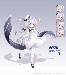 Rule 34 | 1girl, absurdres, azur lane, black footwear, blue eyes, child, clothes lift, dress, dress lift, expressions, full body, grey background, hand to own mouth, hat, heart, highres, lifted by self, little illustrious (azur lane), long hair, low twintails, mary janes, open mouth, pantyhose, shoes, silver hair, simple background, smile, solo, twintails, watermark, web address, white dress, white hat, white pantyhose, yu bing