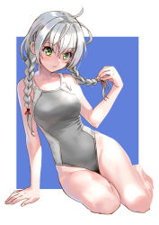 Rule 34 | 1girl, arm support, blue background, braid, commentary request, competition swimsuit, full body, green eyes, grey one-piece swimsuit, katahira masashi, long hair, looking at viewer, low twintails, one-piece swimsuit, original, silver hair, sitting, solo, swimsuit, twin braids, twintails, two-tone background, white background, yokozuwari