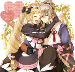Rule 34 | 1boy, 1girl, blonde hair, blush, boots, bow, capelet, character name, closed eyes, delsaber, dress, earrings, elise (fire emblem), embarrassed, fire emblem, fire emblem fates, gloves, grey hair, hair bow, happy, heart, hetero, hug, japanese clothes, jewelry, long hair, nintendo, open mouth, orange eyes, pants, ponytail, puffy sleeves, ribbon, sitting, sitting on lap, sitting on person, takumi (fire emblem), thigh boots, thighhighs, twintails, very long hair, zettai ryouiki