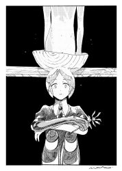 Rule 34 | 2others, antarcticite, basin, border, collared shirt, commentary, flower, gem uniform (houseki no kuni), golden arms, greyscale, highres, holding, holding flower, houseki no kuni, in bowl, in container, knees up, lililin, looking at viewer, monochrome, multiple others, necktie, nude, other focus, out of frame, parted hair, phosphophyllite, puffy short sleeves, puffy sleeves, shirt, short hair, short sleeves, signature, sitting, solo focus, straight-on, surprised, wide-eyed
