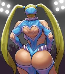 Rule 34 | 1girl, ass, audience, backboob, bad id, bad pixiv id, bare shoulders, blonde hair, breasts, capcom, clothing cutout, commentary, from behind, heart cutout, highres, huge ass, krekkov, large breasts, leotard, long hair, muscular, rainbow mika, shoulder cutout, solo, stage lights, street fighter, street fighter v, thighs, thong leotard, twintails, very long hair