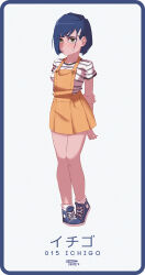 Rule 34 | 1girl, ankle socks, arms behind back, artist name, asymmetrical hair, black shirt, blue border, blue footwear, blue hair, blunt ends, blush, bob cut, border, breasts, casual, character name, closed mouth, commentary, darling in the franxx, dress, embarrassed, english commentary, full body, furrowed brow, green eyes, hair ornament, hair over one eye, hairclip, high tops, highres, holding own arm, ichigo (darling in the franxx), looking at viewer, nervous, phinci, pigeon-toed, pinafore dress, pleated dress, pursed lips, shirt, shoes, short hair, short sleeves, shy, signature, simple background, sleeveless, sleeveless dress, small breasts, sneakers, socks, solo, standing, striped clothes, striped shirt, swept bangs, two-tone shirt, variant set, white background, white shirt, white socks, yellow dress