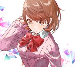 1girl birthday bow bowtie brown_eyes brown_hair cardigan closed_mouth collared_shirt commentary_request earrings flipped_hair gekkoukan_high_school_uniform hand_up jewelry long_sleeves looking_at_viewer persona persona_3 pink_cardigan red_bow red_bowtie ribbed_cardigan school_uniform shirt short_hair solo stud_earrings swept_bangs takeba_yukari tsukitaka upper_body white_shirt