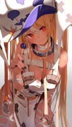 Rule 34 | 1girl, absurdres, blonde hair, breasts, cleavage, dark skin, halloween, hat, highres, hololive, large breasts, long hair, looking at viewer, medium breasts, mikaku, pointy ears, red eyes, shiranui flare, solo, virtual youtuber, white hat