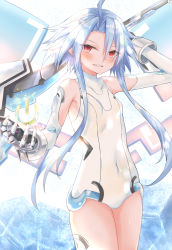Rule 34 | 1girl, arm behind head, arm up, axe, bare shoulders, battle axe, blue hair, blush, choujigen game neptune, covered navel, cowboy shot, elbow gloves, gloves, grin, hair between eyes, hand up, holding, holding axe, leotard, looking at viewer, neptune (series), power symbol, power symbol-shaped pupils, ray 726, red eyes, short hair with long locks, skin tight, smile, solo, symbol-shaped pupils, weapon, white heart (neptunia), white legwear, white leotard, wings