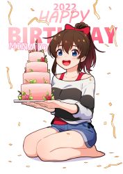 Rule 34 | 1girl, 2022, barefoot, birthday, birthday cake, blue eyes, blue shorts, blush, bow, brown hair, cake, candle, character name, commentary, confetti, dated, denim, denim shorts, english text, flower, food, full body, hair bow, happy birthday, holding, holding cake, holding food, holding plate, idolmaster, idolmaster million live!, kamille (vcx68), leaf, legs, long hair, long sleeves, looking at viewer, medium hair, off-shoulder shirt, off shoulder, open mouth, plate, ponytail, red bow, rose, satake minako, seiza, shirt, shirt straps, short shorts, shorts, sidelocks, simple background, sitting, smile, solo, streamers, striped clothes, striped shirt, teeth, text background, thighs, upper teeth only, white background, white shirt
