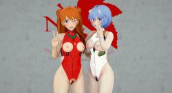 Rule 34 | 2girls, 3d, adapted costume, alternate breast size, artist request, ayanami rei, bar censor, bare legs, bare shoulders, blue eyes, blue hair, blush, bodysuit, breastless clothes, breasts, brown hair, censored, covered navel, cowboy shot, crotch cutout, crotchless, embarrassed, female focus, female pubic hair, hair ornament, hand on another&#039;s waist, highleg, highleg leotard, highres, hug, interface headset, leotard, long hair, looking at viewer, medium breasts, multiple girls, neon genesis evangelion, nipples, one eye closed, plugsuit, pubic hair, pussy, red eyes, red leotard, shiny clothes, short hair, simple background, skin tight, smile, souryuu asuka langley, standing, take your pick, thighs, twintails, two side up, v, white leotard, wink