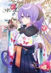 Rule 34 | 1girl, animal print, black bow, blue skirt, blurry, blurry background, blurry foreground, bow, breasts, brown gloves, butterfly print, chinese zodiac, commentary, cowboy shot, day, depth of field, ema, floral print, flower, furisode, gloves, hair between eyes, hair bow, highres, holding, hololive, hololive indonesia, japanese clothes, kimono, long hair, looking at viewer, medium breasts, moona hoshinova, nyori, obi, outdoors, parted lips, pleated skirt, ponytail, purple eyes, purple hair, sash, shrine, skirt, snow, snowing, solo, torii, tree, virtual youtuber, white kimono, wide sleeves, year of the ox