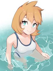 Rule 34 | 1girl, bare arms, bare legs, breasts, closed mouth, cowboy shot, creatures (company), game freak, green eyes, highres, legs, lips, looking at viewer, medium breasts, milka (milk4ppl), misty (pokemon), nintendo, one-piece swimsuit, orange hair, pokemon, pokemon hgss, shiny skin, short hair, single bare shoulder, sleeveless, smile, solo, standing, swimsuit, water, white one-piece swimsuit