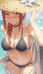 Rule 34 | 1girl, absurdres, bare shoulders, beach, bikini, black bikini, black choker, blush, braid, braided ponytail, breasts, chainsaw man, choker, cleavage, collarbone, flower, food, gluteal fold, hat, hat flower, highres, holding, holding food, large breasts, long hair, looking at viewer, makima (chainsaw man), mark renz purio, navel, parted lips, popsicle, red hair, ringed eyes, shawl, sidelocks, solo, stomach, straw hat, sun hat, swimsuit, wet, white flower, yellow eyes