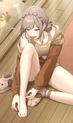 Rule 34 | 1girl, animal print, applying pedicure, artist name, bare shoulders, bed, bed sheet, braid, brown eyes, brown hair, brown jacket, brown sports bra, cartoon bone, chi-, commentary request, crown braid, dog print, furen e lustario, furen e lustario (5th costume), highres, hood, hooded jacket, jacket, knee up, looking down, low twintails, midriff, nail polish, nijisanji, official alternate costume, official alternate hairstyle, on floor, open mouth, partially unzipped, paw print, pink nails, single barefoot, smile, solo, sports bra, thighs, toenail polish, toenails, twintails, twitter username, virtual youtuber