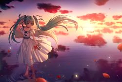 Rule 34 | 1girl, aqua hair, barefoot, black ribbon, choker, closed mouth, cloud, collarbone, day, dress, floating hair, flower, green eyes, hair between eyes, hair ribbon, hatsune miku, highres, holding, holding flower, iyar, long dress, long hair, ocean, outdoors, petals, red flower, red rose, ribbon, rose, sandals, smile, solo, standing, sundress, sunrise, twintails, unworn sandals, very long hair, vocaloid, white dress