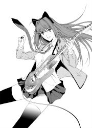 Rule 34 | 1girl, animal ears, aozaki aoko, blazer, buttons, cable, cat ears, electric guitar, fake animal ears, fender mustang, greyscale, guitar, hair between eyes, highres, holding, holding instrument, instrument, jacket, long hair, looking at viewer, mahou tsukai no yoru, monochrome, music, necktie, nose, open clothes, open jacket, plaid, plaid skirt, playing instrument, plectrum, school uniform, shirt, sidelocks, simple background, skirt, smile, solo, takai isshiki, thighhighs, white background, zettai ryouiki