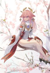 Rule 34 | 1girl, absurdres, animal ears, bare legs, bare shoulders, bird, black footwear, breasts, cherry blossoms, closed mouth, full body, genshin impact, hair ornament, highres, japanese clothes, legs, long hair, looking away, medium breasts, miko, petals, pink hair, purple eyes, sauvignon, shoes, sitting, solo, yae miko