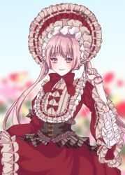 Rule 34 | 1girl, blurry, blurry background, bonnet, bow, brown hair, commentary request, depth of field, doll joints, dress, frilled dress, frills, grey eyes, hand up, highres, joints, juliet sleeves, lolita fashion, long hair, long sleeves, nagai gojitsudan no nechronica, omase (mnnk umai), parted lips, puffy sleeves, red bow, red dress, red headwear, ribbon-trimmed dress, smile, solo, sweet lolita, twintails, very long hair, wide sleeves