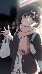 Rule 34 | 1girl, backpack, bag, black hair, black jacket, blurry, blurry background, blush, breath, cardigan, commentary request, depth of field, fringe trim, grey cardigan, grin, hair between eyes, hair ornament, hairclip, head tilt, highres, holding, holding bag, holding strap, jacket, long sleeves, nagami yuu, night, night sky, open clothes, open jacket, original, outdoors, pink scarf, plastic bag, red eyes, scarf, sky, sleeves past wrists, smile, solo, transparent, upper body
