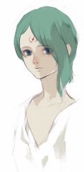 Rule 34 | 1girl, blue eyes, breath of fire, breath of fire v, closed mouth, facial mark, green hair, highres, looking at viewer, nina (breath of fire v), short hair, simple background, solo, white background