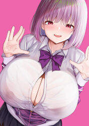 Rule 34 | 1girl, absurdres, black skirt, blush, bob cut, bow, bowtie, breasts, button gap, chomikuplus, collared shirt, gridman universe, highres, huge breasts, jacket, leaning forward, long bangs, long sleeves, looking at viewer, open mouth, pink background, pink eyes, purple bow, purple bowtie, purple hair, purple jacket, salute, see-through, see-through shirt, shinjou akane, shirt, simple background, skirt, smile, solo, ssss.gridman, sweat, vulcan salute, white shirt