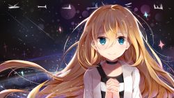 Rule 34 | 10s, 1girl, black choker, blue eyes, blush, choker, closed mouth, collarbone, commentary, english text, hair between eyes, hands up, highres, jacket, long hair, looking at viewer, nahaki, open clothes, open jacket, own hands clasped, own hands together, rachel gardner, satsuriku no tenshi, shirt, smile, solo, sparkle, striped clothes, striped shirt, white jacket