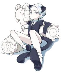 Rule 34 | 1other, amimi, androgynous, animal ears, cairngorm (houseki no kuni), cat ears, cat tail, frown, gem uniform (houseki no kuni), houseki no kuni, looking at viewer, lying, necktie, on back, shiro (houseki no kuni), short hair, solo, stuffed animal, stuffed toy, tail, white background, white eyes, white hair