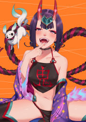 Rule 34 | 1girl, bare shoulders, blush, breasts, fate/grand order, fate (series), horns, japanese clothes, kimono, looking at viewer, navel, noriuma, oni, open mouth, purple eyes, purple hair, revealing clothes, short hair, shuten douji (fate), shuten douji (fate/grand order), shuten douji (halloween caster) (fate), sitting, skin-covered horns, small breasts, smile, solo, teeth