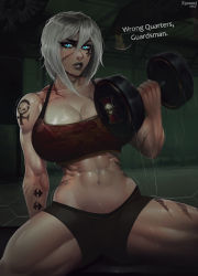 Rule 34 | 1girl, abs, adepta sororitas, black shorts, blue eyes, borrowed character, breasts, cleavage, dumbbell, english text, exercising, facial tattoo, highres, large breasts, muscular, muscular female, nyuunzi, scar, short hair, shorts, shoulder tattoo, signature, sitting, solo, sports bra, spread legs, tattoo, thick thighs, thighs, varity (digitalhtoy), warhammer 40k, white hair