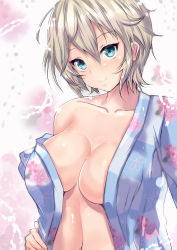 Rule 34 | 10s, 1girl, absurdres, anastasia (idolmaster), bare shoulders, blue eyes, blush, breasts, cleavage, closed mouth, commentary request, eyebrows, eyelashes, floral print, hair between eyes, hand on own hip, head tilt, highres, idolmaster, idolmaster cinderella girls, japanese clothes, kimono, large breasts, long sleeves, looking at viewer, naked kimono, navel, no bra, off shoulder, open clothes, open kimono, sankakusui, shiny skin, short hair, silver hair, smile, solo, stomach, tsurime, upper body
