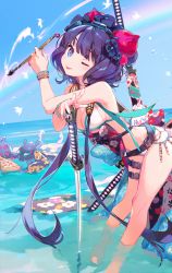 Rule 34 | 1girl, bare shoulders, barefoot, beach, belt, bent over, bikini, blue eyes, blush, breasts, cleavage, day, fate/grand order, fate (series), floral print, goggles, goggles on head, hair ornament, katana, katsushika hokusai (fate), katsushika hokusai (swimsuit saber) (fate), leaning forward, looking at viewer, medium breasts, namie-kun, ocean, octopus, one eye closed, outdoors, paintbrush, purple hair, rainbow, shallow water, sky, smile, soaking feet, standing, swimsuit, sword, thigh strap, tokitarou (fate), tongue, tongue out, wading, water, weapon, white bikini