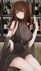 Rule 34 | 1girl, absurdres, ahoge, alternate costume, armlet, bar (place), bare shoulders, black dress, blunt bangs, blurry, blurry background, blush, breasts, brown hair, champagne flute, cleavage, closed mouth, cup, dress, drinking glass, dsr-50 (girls&#039; frontline), elbow rest, gem, girls&#039; frontline, hair ornament, halter dress, halterneck, heart, heart-shaped pupils, highres, holding, holding cup, jewelry, large breasts, long hair, looking at viewer, no bra, red eyes, red gemstone, ring, ru zhai, shawl, sidelocks, sitting, solo, symbol-shaped pupils, thighs, very long hair