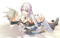 Rule 34 | 1boy, 1girl, :p, backless outfit, bandages, bed, braid, breast rest, breasts, couple, fujinari yuuki, hetero, kaine (nier), large breasts, licking lips, lingerie, lying, negligee, nier, nier (character), nier (series), nier (young), panties, short hair, silver hair, thighhighs, tongue, tongue out, underwear, white panties