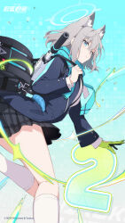 Rule 34 | 1girl, animal ear fluff, animal ears, assault rifle, backpack, bag, black jacket, black skirt, blue archive, blue eyes, blush, chinese commentary, chinese text, closed mouth, countdown, gloves, green gloves, grey hair, gun, halo, highres, holding, jacket, long sleeves, looking at viewer, official art, open clothes, open jacket, rifle, scarf, school uniform, shiroko (blue archive), shirt, shoulder bag, sig sauer 556, single glove, skirt, solo, weapon, weapon on back, white shirt, wolf ears, youguo naberu