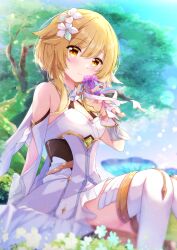 Rule 34 | 1girl, bare shoulders, blonde hair, blue flower, blue sky, blush, breasts, brown eyes, cleavage, closed mouth, cloud, commentary request, day, dress, feet out of frame, flower, fuuna, genshin impact, hair between eyes, hair flower, hair ornament, hand up, highres, holding, holding flower, long hair, looking at viewer, lumine (genshin impact), medium breasts, outdoors, purple flower, sitting, sky, sleeveless, sleeveless dress, smile, solo, thighhighs, tree, white dress, white flower, white thighhighs