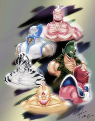 Rule 34 | 6+boys, armlet, armor, artist request, ashuraman, biceps, bracelet, groin, helmet, highres, jewelry, kinniku ataru, kinniku suguru, kinnikuman, kinnikuman (character), kinnikuman big body, kinnikuman mariposa, kinnikuman soldier, kinnikuman super phoenix, kinnikuman zebra, large pectorals, looking at viewer, looking to the side, manly, mask, multiple boys, muscular, pectorals, serious, simple background, wrestling, wrestling mask, wrestling outfit
