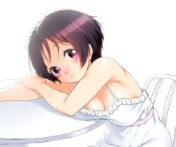 Rule 34 | 10s, 1girl, armpits, backlighting, bare shoulders, black hair, blush, breast press, breasts, brown hair, chair, chuunibyou demo koi ga shitai!, cleavage, closed mouth, covered erect nipples, dress, female focus, frilled dress, frills, from side, head tilt, holding own arm, large breasts, leaning forward, light smile, mole, mole on breast, no bra, onsoku inu, outstretched arm, parted bangs, pink eyes, red eyes, sash, short hair, sideboob, simple background, sitting, smile, solo, spaghetti strap, sundress, table, taut clothes, tsuyuri kumin, upper body, white background, white dress