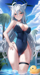 Rule 34 | 1girl, absurdres, ahoge, animal ears, blue archive, blue eyes, blue one-piece swimsuit, blue sky, blush, closed mouth, cloud, competition swimsuit, cowboy shot, cross hair ornament, day, grey hair, hair ornament, highleg, highres, li se, looking at viewer, mismatched pupils, one-piece swimsuit, outdoors, palm tree, pool, revision, rubber duck, shiroko (blue archive), shiroko terror (blue archive), skindentation, sky, solo, swimsuit, thigh strap, thighs, tree, wading, water, wet, wolf ears, wolf girl
