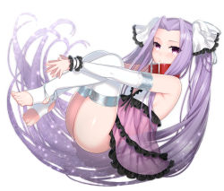 Rule 34 | 1girl, anoshabu, babydoll, collar, detached sleeves, expressionless, fate/grand order, fate (series), floating hair, forehead, full body, legs together, looking at viewer, medusa (fate), medusa (lancer) (fate), medusa (lancer) (final ascension) (fate), medusa (rider) (fate), parted bangs, purple eyes, purple hair, rider, sidelocks, simple background, solo, stirrup legwear, thighhighs, thighs, toeless legwear, toes, twintails, v arms, white background, white thighhighs