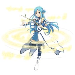 Rule 34 | 1girl, asuna (sao), asuna (sao-alo), blue eyes, blue hair, boots, detached sleeves, full body, highres, long hair, looking at viewer, magic circle, official art, pointy ears, smile, standing, standing on one leg, sword art online, sword art online: memory defrag, thighhighs, transparent background, wand, white footwear, zettai ryouiki