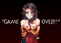 Rule 34 | &gt;:), 1girl, arms under breasts, bare shoulders, breasts, choker, cinder fall, cleavage, cowboy shot, crossed arms, dress, evil smile, mrorbs, off-shoulder dress, off shoulder, orange eyes, red dress, rwby, smile, solo, upper body, v-shaped eyebrows